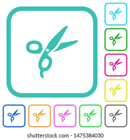 Barber scissors vivid colored flat icons in curved borders on white background