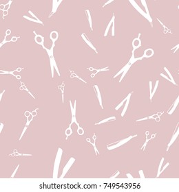 Barber seamless pattern with razor and scissors hairdresser work tools and men hairstyles isolated on blush pink  background vector illustration