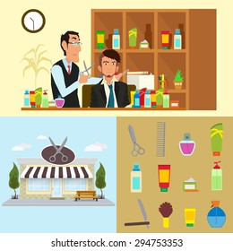 barber serve customers. exterior barbershop. icons cosmetics, scissors, comb and razor. Vector illustration in a flat style.