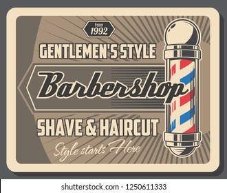 Barber Service Retro Poster For Barbershop. Gentlemens Style Salon, Shave And Haircut Banner. Male Beauty With Mustache And Beard Styling, Hairstyle For Men, Striped Pole On Vintage Brochure Vector