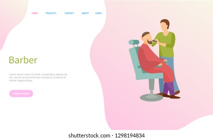 Barber service vector, man on chair and barbershop master. Beard styling and hairstyle, male haircut salon and professional hairdresser with razor. Website or webpage template landing page in flat