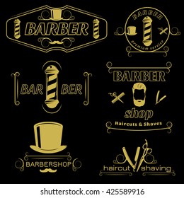 Barber service vintage style emblems with hairdresser accessories poles top hat on black background isolated vector illustration