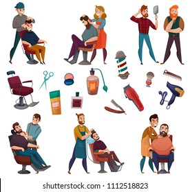 Barber services cartoon set with male hairdresser during work and professional tools isolated vector illustration 