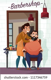 Barber services, hair dresser during cutting of beard near mirror on brick wall background cartoon vector illustration