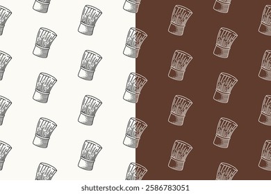 barber shaving brush doodle seamless pattern on brown white background set. barber brush equipment engraving pattern background. retro brush shaver kit background for barbershop merchandise