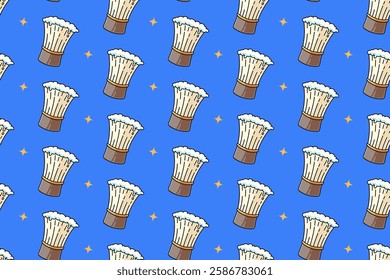 barber shaving brush with foam, star colorful seamless pattern on blue background set. doodle comb with cream soap illustration pattern background. barber scrub background for barbershop merchandise