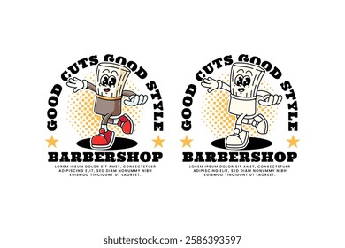 barber shaving brush retro cartoon character mascot illustration collection set with dancing and flying pose for hair cut and shave barbershop mascots and merchandise