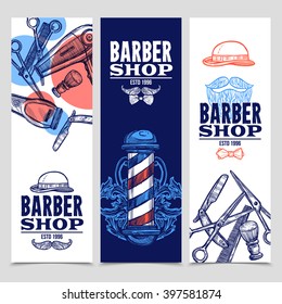 Barber shop 3 vertical flat banners set with beard mustache emblem and tools red blue abstract vector illustration