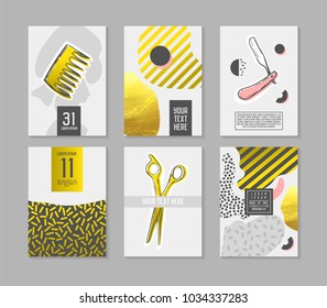Barber Shop Abstract Posters Set with Golden Glitter Elements. Hipster Style Covers, Banners, Brichure Templates. Vector illustration