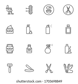 Barber shop accessories line icons set. linear style symbols collection, outline signs pack. vector graphics. Set includes icons as armchair, scissors, shave razor, mustache balm, shaving foam, spray