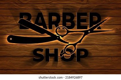 Barber shop advertisement. Vector illustration of signboard for barbershop on wooden wall background. Sketch for creativity.
