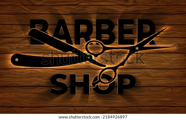 Barber shop advertisement. Vector illustration of signboard for barbershop on wooden wall background. Sketch for creativity.