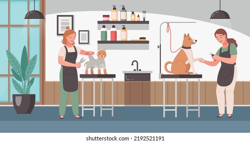 Barber shop for animals cartoon background with two female specialists engaged with pets vector illustration