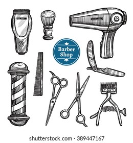 Barber shop attributes tools and accessories doodle black icons set with hairdryer scissors and shave vector isolated illustration