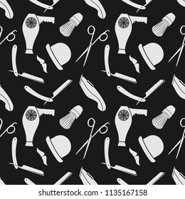Barber Shop background, seamless pattern with hairdressing scissors, shaving brush, razor, hair dryer, hair clipper, mustache and bowler. Vector illustration
