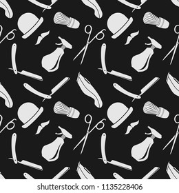 Barber Shop background, seamless pattern with hairdressing scissors, shaving brush, razor, hair clipper, spray bottle mustache and bowler. Vector illustration