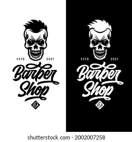 Barber shop badge, label, emblem. Skull with hair. Barbershop logo template t-shirt design. Vector vintage illustration.