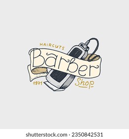 Barber shop badge and label, logo and hipster emblems. Tools for man icon. Haircut of beard and mustache. Brush and razor for shaving. Engraved hand drawn in old vintage sketch.