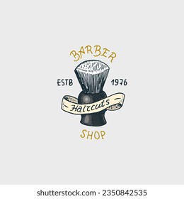 Barber shop badge and label, logo and hipster emblems. Tools for man icon. Haircut of beard and mustache. Brush and razor for shaving. Engraved hand drawn in old vintage sketch.