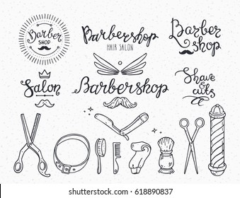 Barber Shop badge, logo, label, emblem & beauty salon icons. Modern brush lettering & hand drawn symbols for barber sign board, banner, poster, ads flyer templates. Isolated vector on background.