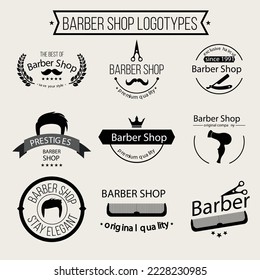 Barber shop badges set. Barbers hand lettering. Design elements collection for logo, labels, emblems. Vector vintage illustration.