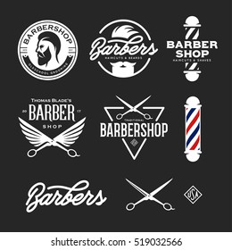 Barber shop badges set. Barbers hand lettering. Design elements collection for logo, labels, emblems. Vector vintage illustration.