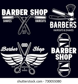 Barber shop badges set. Barbers hand lettering. Design elements collection for logo, labels, emblems. Vector vintage illustration.