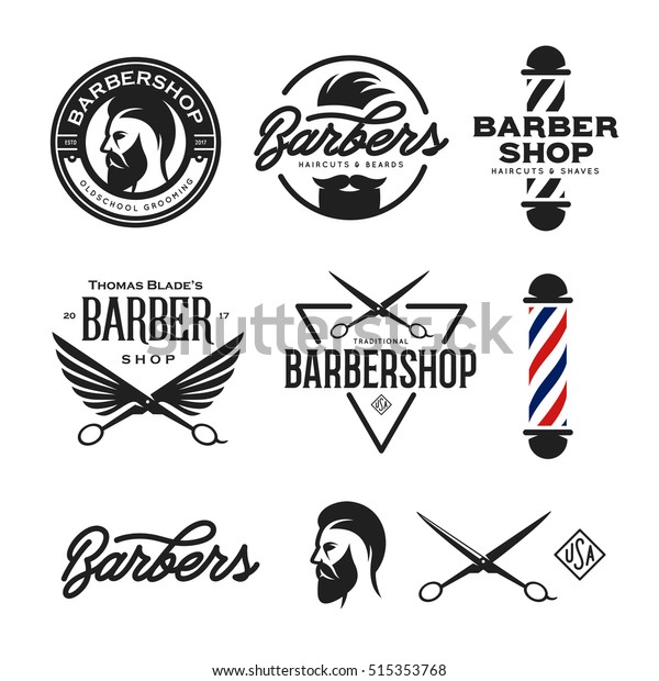 Barber shop badges set. Barbers hand\
lettering. Design elements collection for logo, labels, emblems.\
Vector vintage\
illustration.