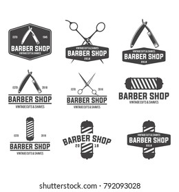 Barber shop badges set. Design elements collection for logo, labels, emblems. Vector vintage illustration.