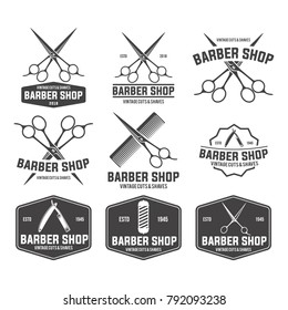 Barber shop badges set. Design elements collection for logo, labels, emblems. Vector vintage illustration.