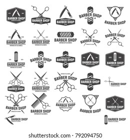 Barber shop badges set. Design elements collection for logo, labels, emblems. Vector vintage illustration.