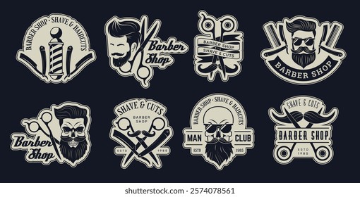 Barber shop. Badges for barber store blade haircut item illustrations recent vector stylized emblem with place for text