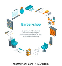 Barber Shop Banner Card Circle Isometric View Include of Scissors, Brush, Hairdryer and Comb . Vector illustration of Barbershop Signs