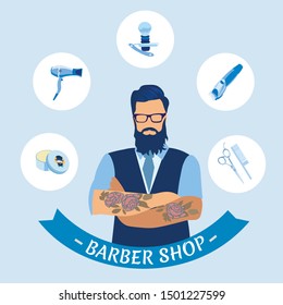 Barber Shop Banner with Tattooed Handsome Bearded Man Wearing Glasses and Jacket Stand with Crossed Arms in Barbershop Surrounded with Haircutting Tools and Equipment. Cartoon Flat Vector Illustration