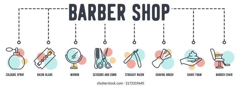 Barber Shop Banner Web Icon. Cologne Spray, Razor Blade, Mirror, Scissors And Comb, Straight Razor, Shaving Brush, Shave Foam, Barber Chair Vector Illustration Concept.