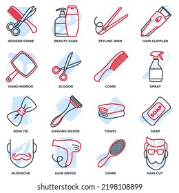 Barber shop banner web icon set. shaving razor, soap, towel, hand mirror, mustache, scissor, hair dryer and more vector illustration concept.