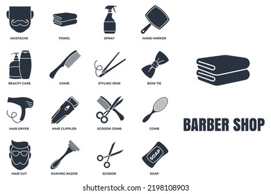 Barber shop banner web icon set. shaving razor, soap, towel, hand mirror, mustache, scissor, hair dryer and more vector illustration concept.