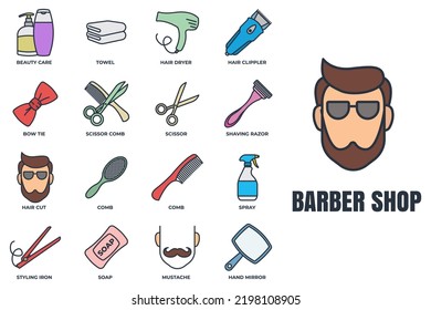 Barber shop banner web icon set. shaving razor, soap, towel, hand mirror, mustache, scissor, hair dryer and more vector illustration concept.