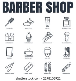 Barber shop banner web icon set. cologne spray, razor blade, mirror, lotion, barber pole, coffee cup and more vector illustration concept.