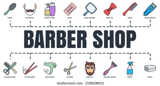 Barber shop banner web icon set. shaving razor, soap, towel, mustache, scissor, hair dryer and more vector illustration concept.