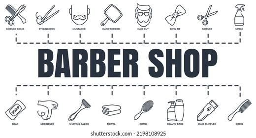 Barber shop banner web icon set. shaving razor, soap, towel, mustache, scissor, hair dryer and more vector illustration concept.