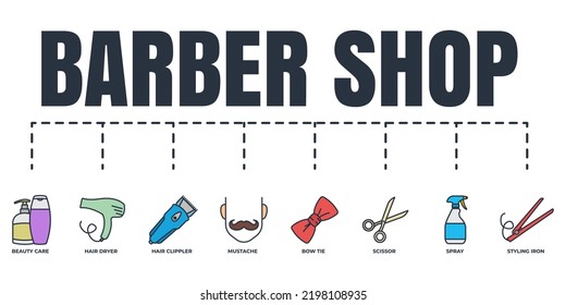Barber shop banner web icon set. spray, mustache, scissor, hair dryer, hair clipper, bow tie, beauty care, styling iron vector illustration concept.