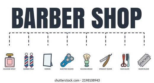 Barber shop banner web icon set. electric shaver, cologne spray, razor blade, mirror, hair salon, straight razor, barber pole, shaving brush vector illustration concept.