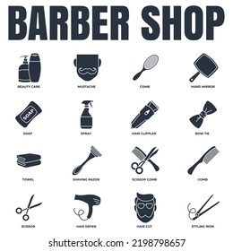 Barber shop banner web icon set. shaving razor, soap, towel, hand mirror, mustache, scissor, hair dryer and more vector illustration concept.