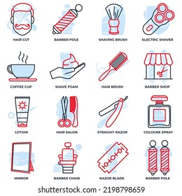 Barber shop banner web icon set. cologne spray, razor blade, mirror, lotion, barber pole, coffee cup and more vector illustration concept.