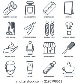 Barber shop banner web icon set. cologne spray, razor blade, mirror, lotion, barber pole, coffee cup and more vector illustration concept.