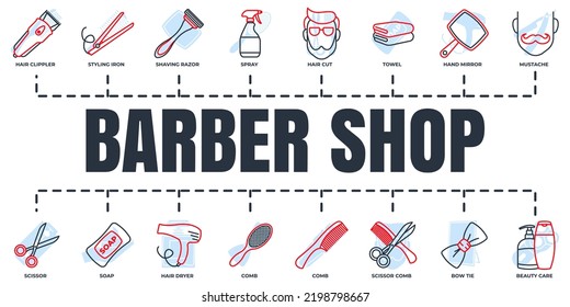 Barber shop banner web icon set. shaving razor, soap, towel, mustache, scissor, hair dryer and more vector illustration concept.