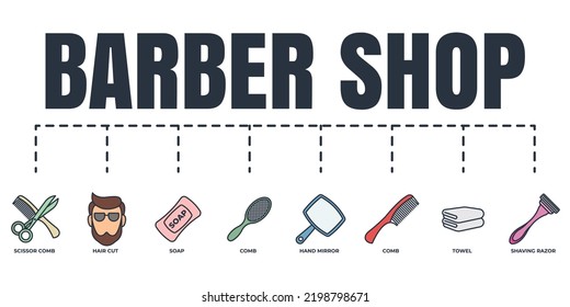 Barber shop banner web icon set. comb, scissor and comb, shaving razor, soap, towel, hand mirror, hair cut vector illustration concept.