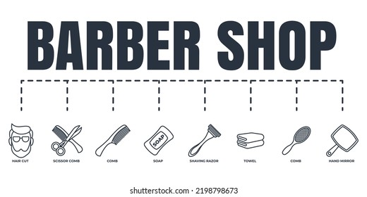 Barber shop banner web icon set. comb, scissor and comb, shaving razor, soap, towel, hand mirror, hair cut vector illustration concept.