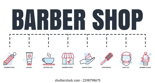 Barber shop banner web icon set. shave foam, barber chair, barber shop, hair brush, hair cut, lotion, barber pole, coffee cup vector illustration concept.